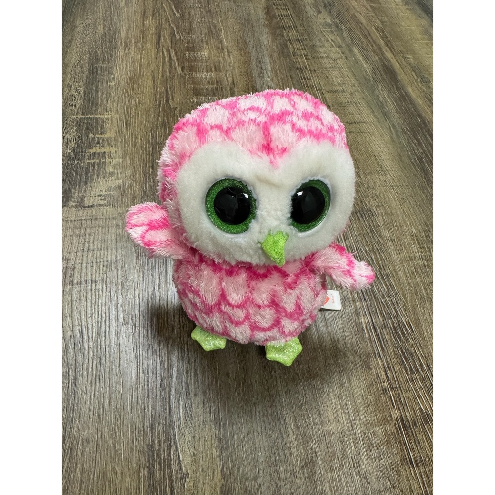 Ty Beanie Boos Pinky the Owl‎ Pink White Plush Glitter Green Eyes 7 inch 2015